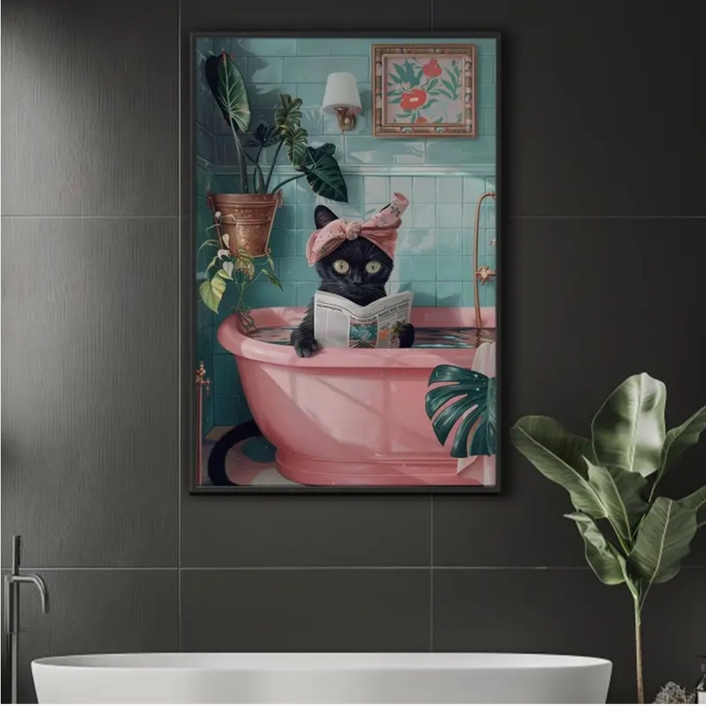 Cat in Pink Bathtub Canvas Art Print (15.7” x 23.6”)